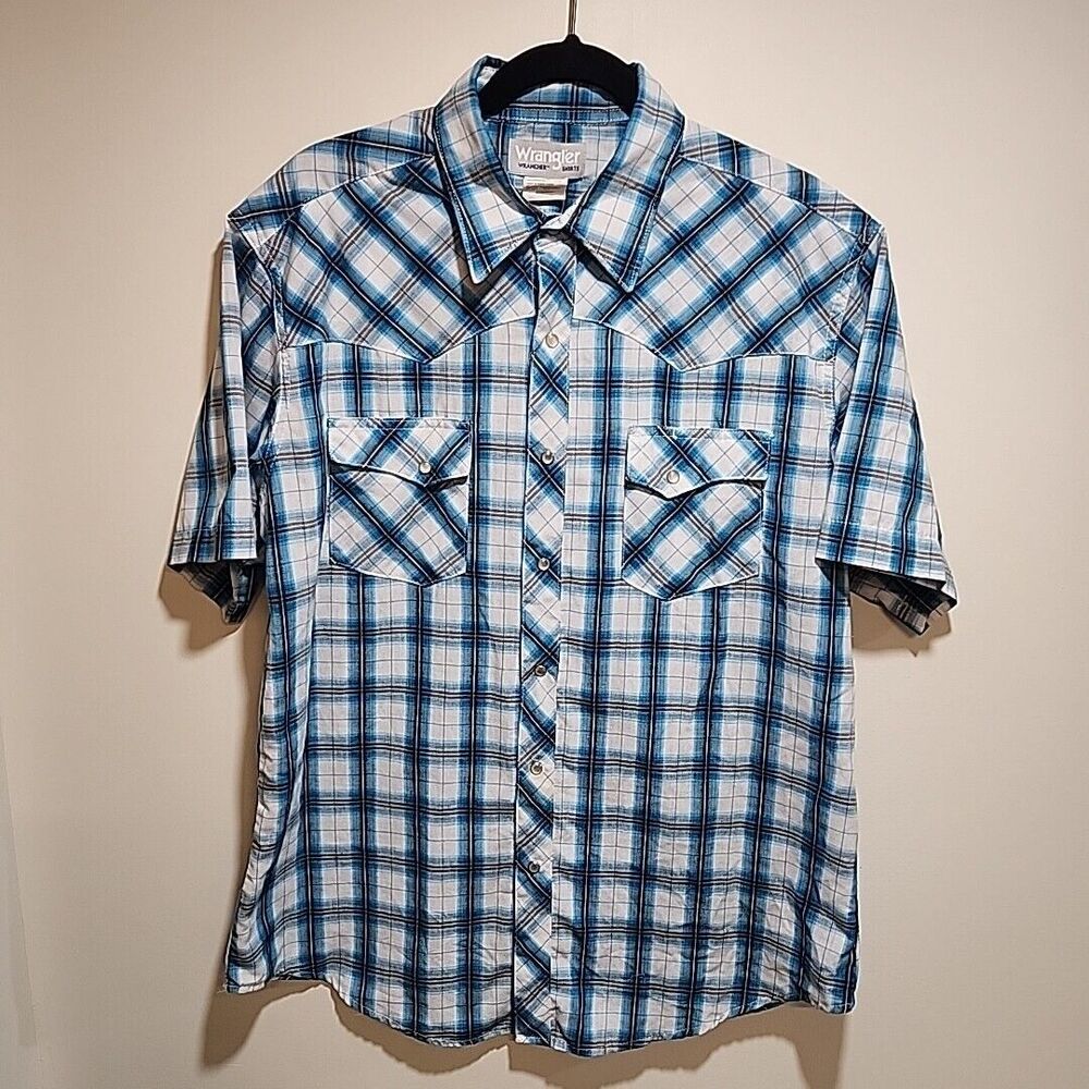 VTG WRANGLER Pearl Snap Shirt Men’s L Blue Plaid Short Sleeve Western Cowboy